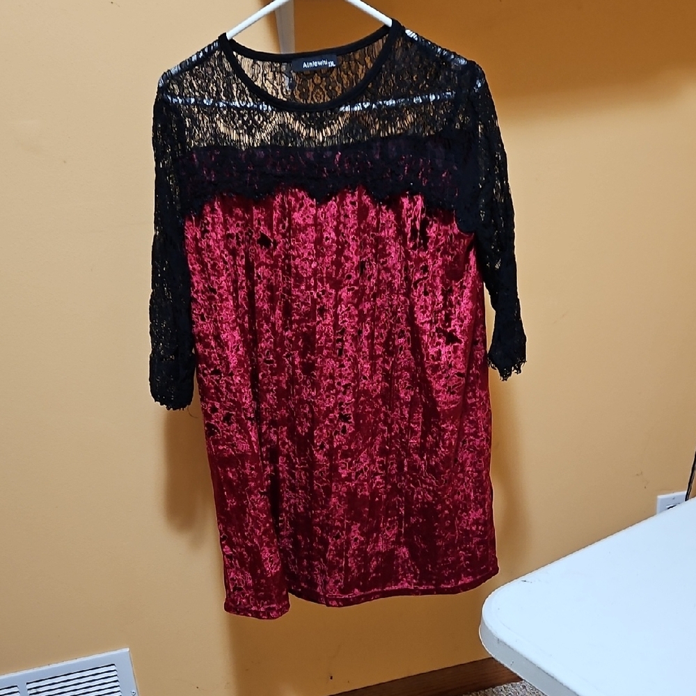 Red Velvet Tunic with Black Lace Overlay